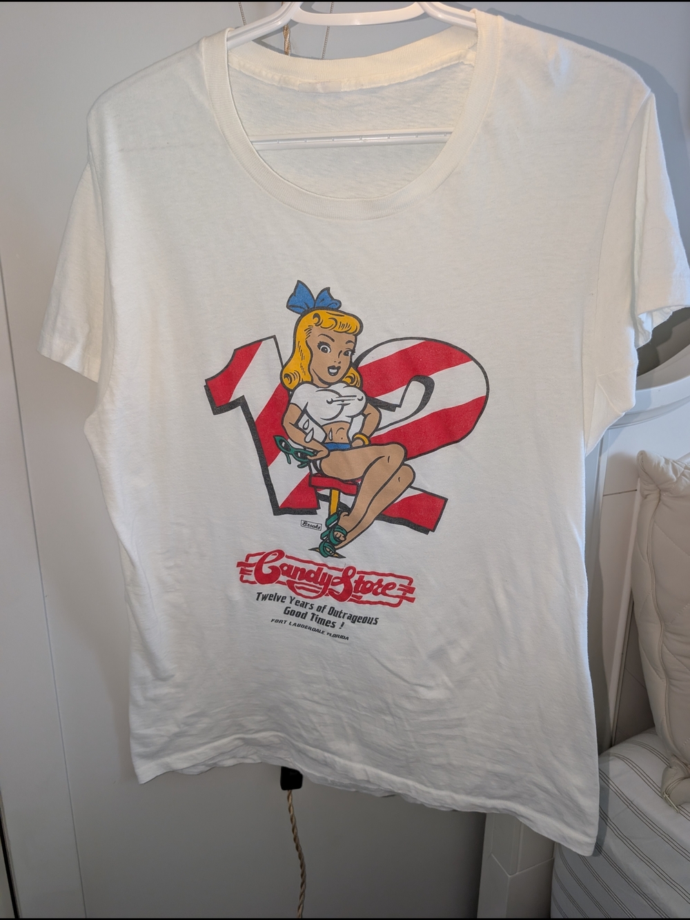 Brooks White Tee with Red & Blue Pinup Graphic